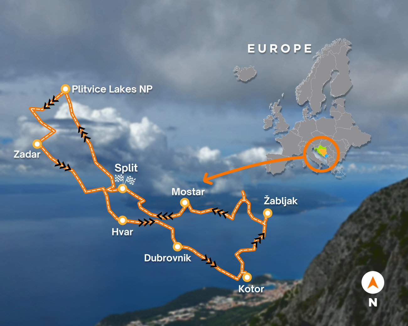 Route map of the Balkan motorcycle tour showing stops including Zadar, Split, Hvar, Dubrovnik, Kotor, Mostar, and Plitvice Lakes.