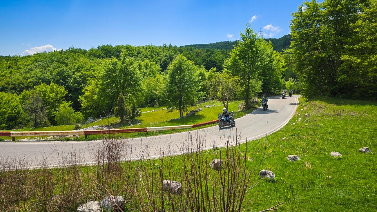 Motorcyclists riding through a lush green forested curve on a sunny day in the Balkans.