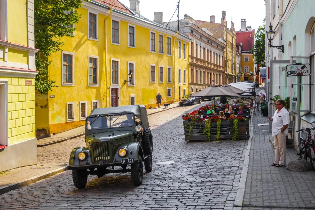 Vintage off-roader on a cobbled old-town street in Northern Europe