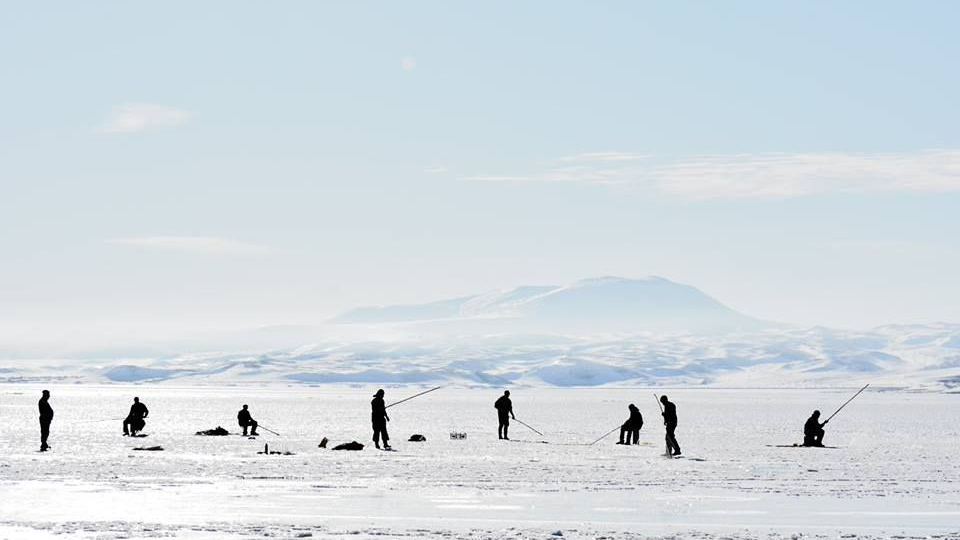 Silhouettes of ice fishermen with long rods standing on a vast frozen lake with snowy hills in the distance