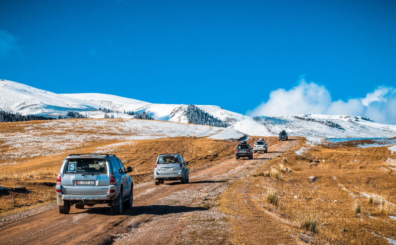 A convoy of SUVs driving along a dirt track through golden-brown grasslands with snow-capped peaks ahead