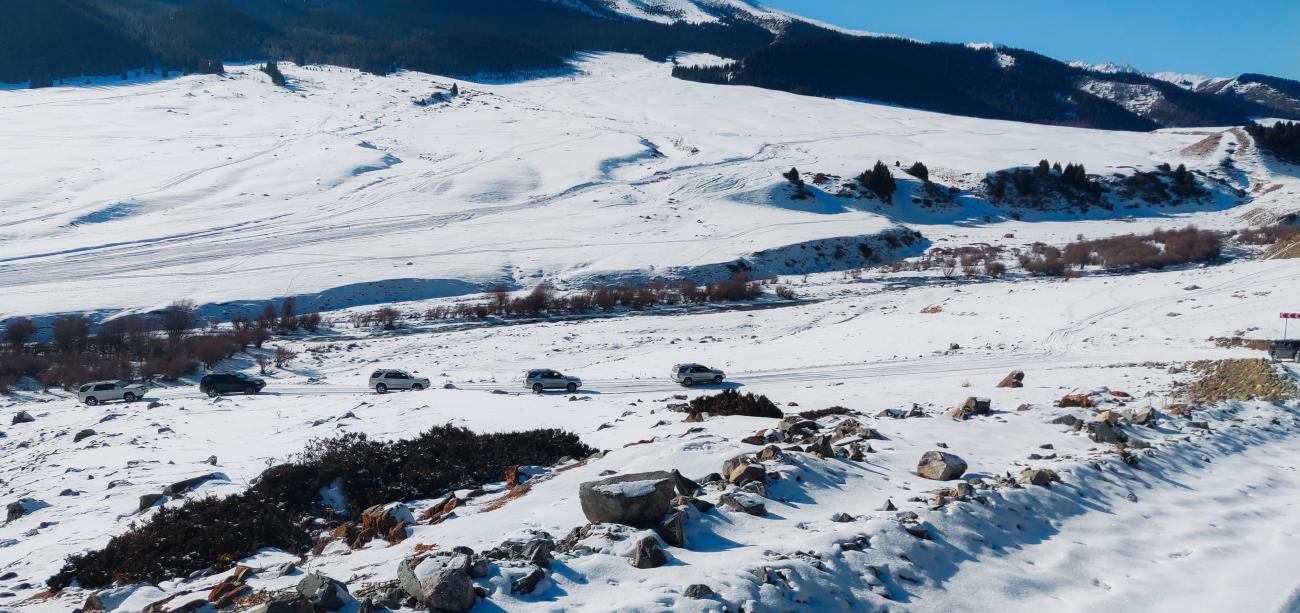 A convoy of SUVs traversing a wide snow-covered highland with mountains in the background