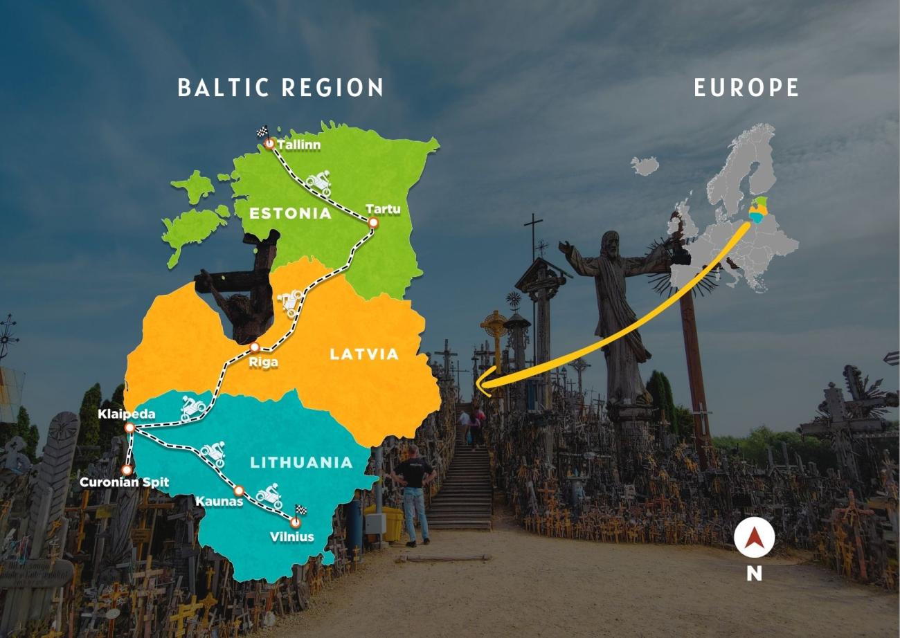 Illustrated route map of the Northern Europe motorcycle tour through Lithuania, Latvia, and Estonia.