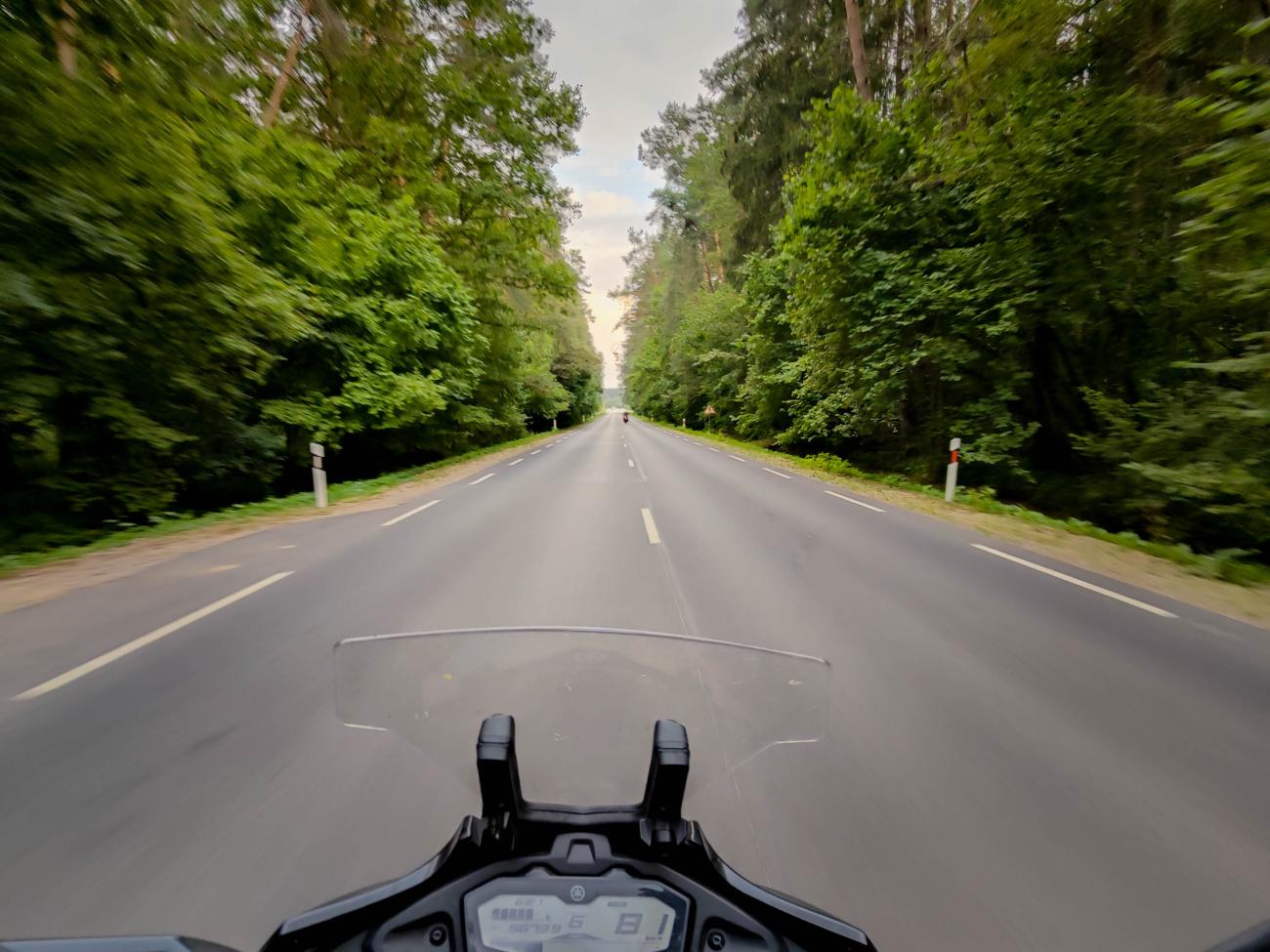 First-person view from a motorcycle cockpit riding down a straight forest-lined highway in Northern Europe.