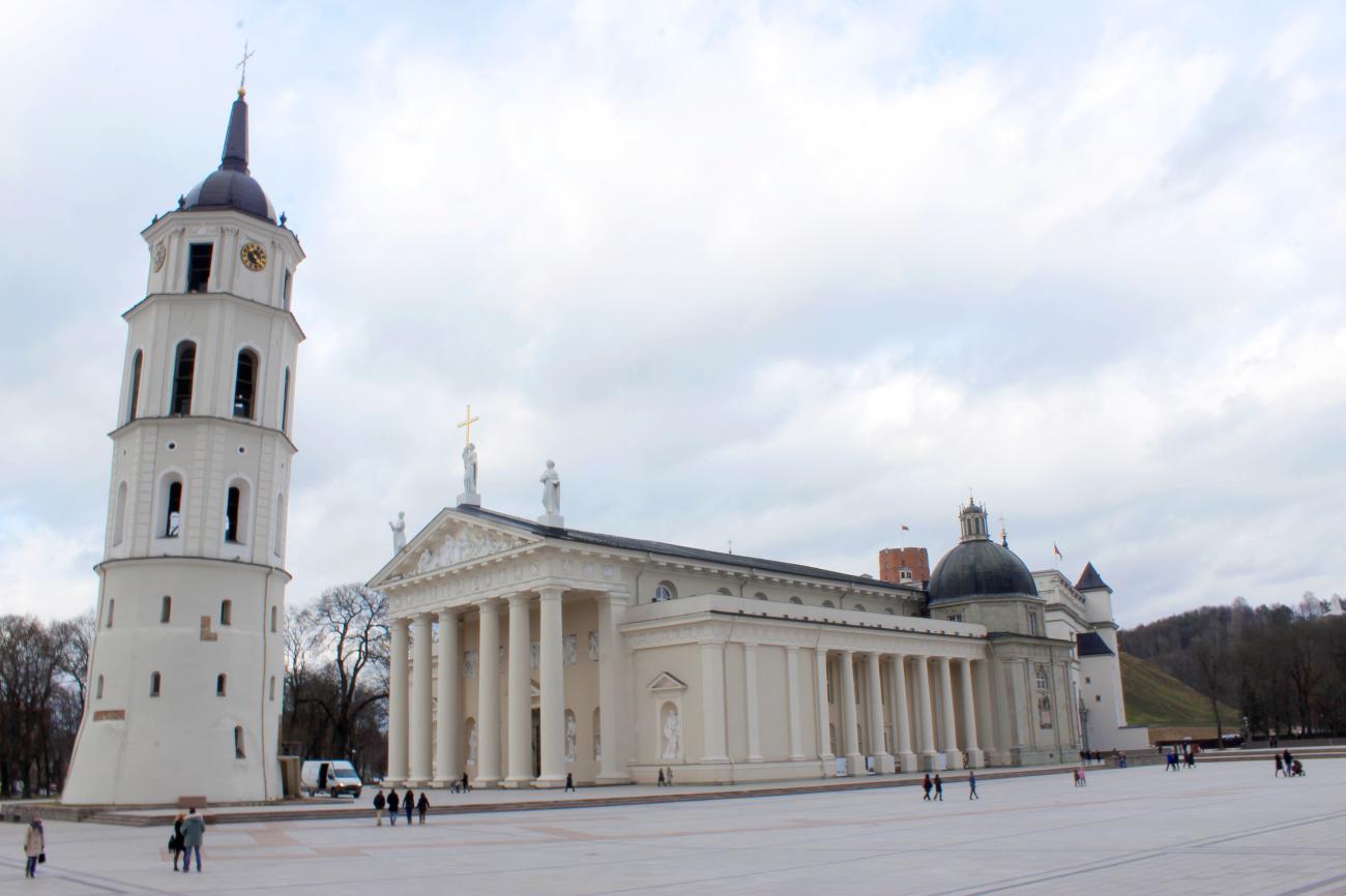 Vilnius Cathedral and its bell tower in Cathedral Square, Lithuania.