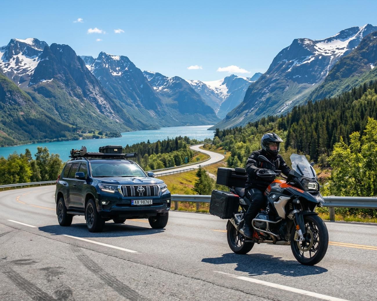 Motorcycle rider and support vehicle on a Norwegian road with turquoise fjord and snow-capped mountains behind.